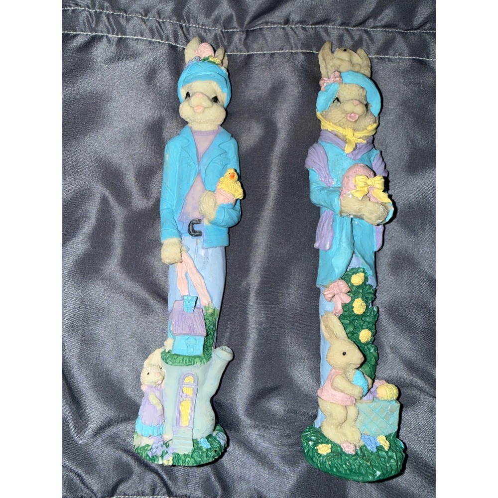 Vintage Tall Easter Bunny Figurine Set Blue Pastel Resin Rabbit Statues 2pc